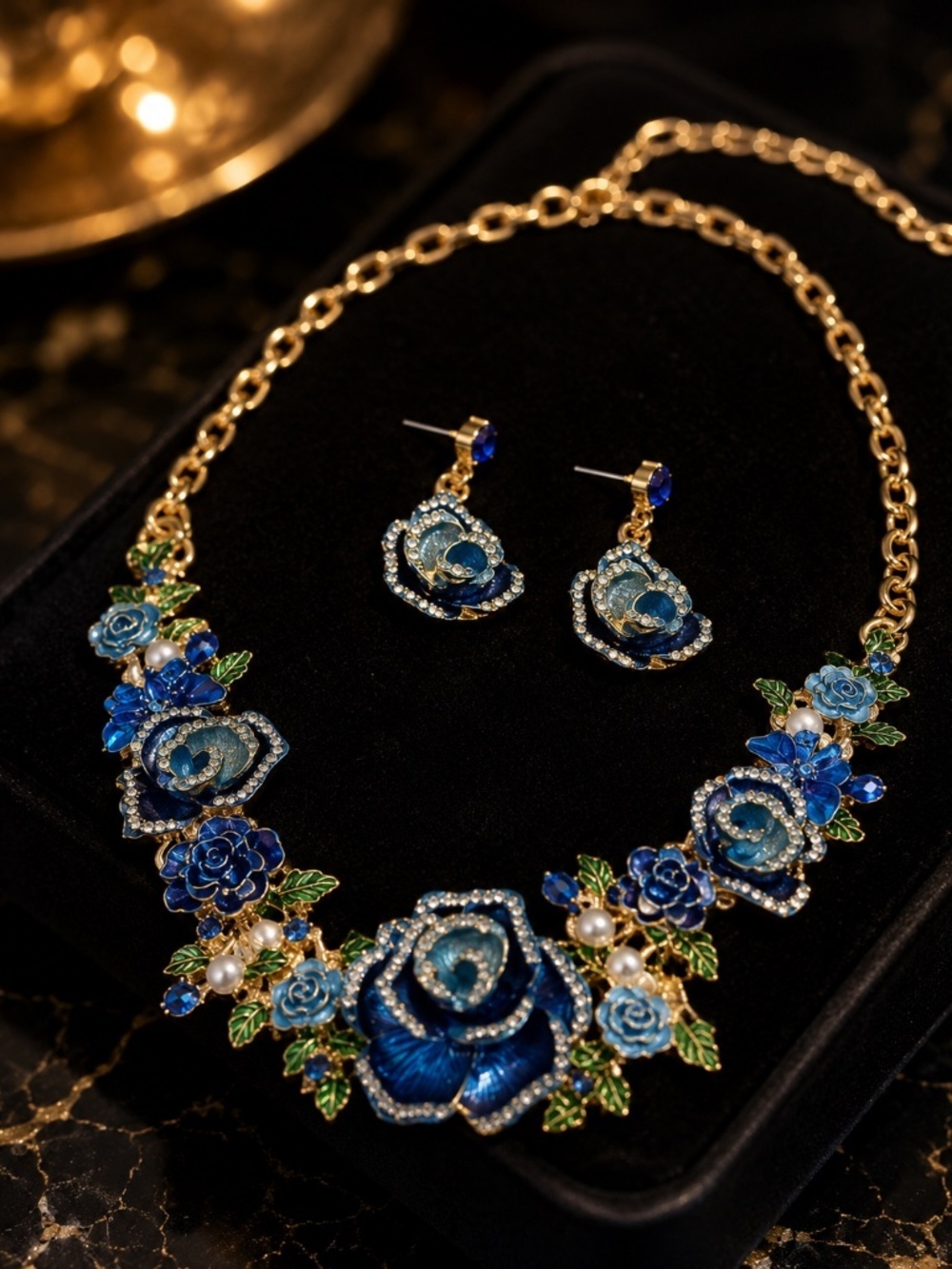 Gold-Tone Blue Floral Statement Necklace with Earrings - Picture 1 of 3